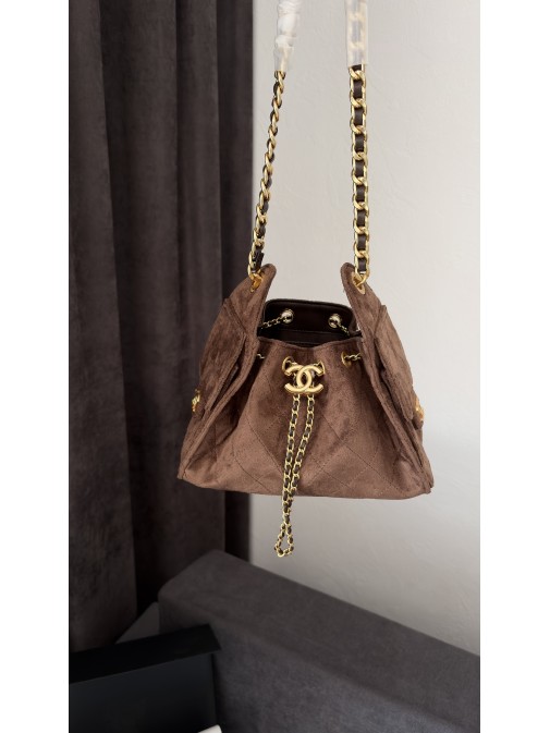 Chanel 23 Hobo Handbag Dark Brown Suede